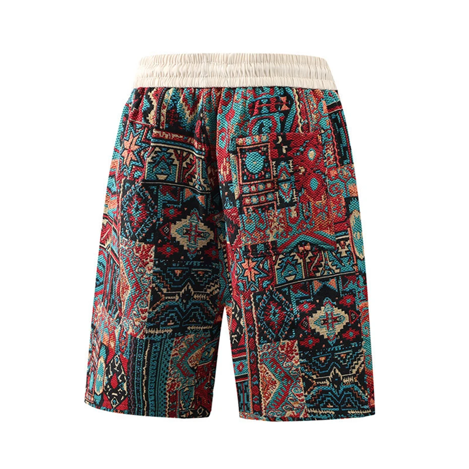 Summer Mens Hawaiian Beach Shorts Streetwear Vintage National Style Short Harajuku Baggy Casual Elastic Waist Knee Length Pants