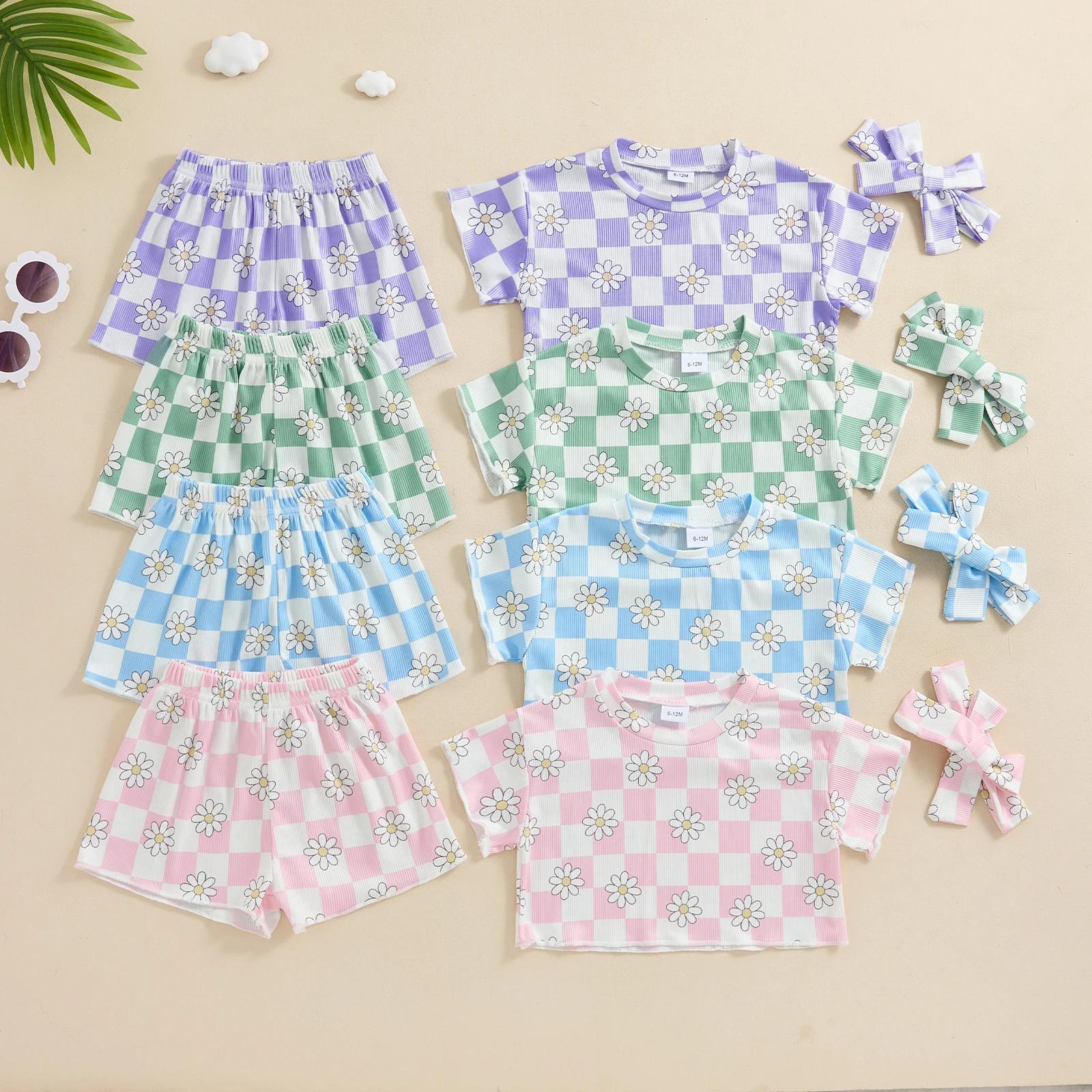 BeQeuewll Summer Girls Clothing Suit Toddler Floral Checkerboard Shorts Sets Short Sleeve Tops Shorts Headband Children Sets