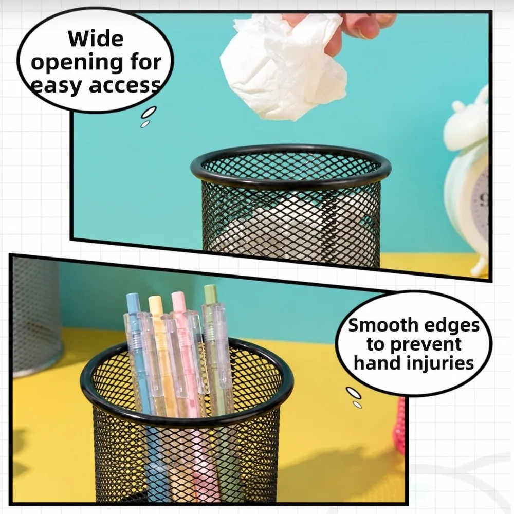 2 pcs Decorative Metal Pen Holder Multi Colors Round Desktop Organizer Solid Mesh Storage Tube Home Tabletop