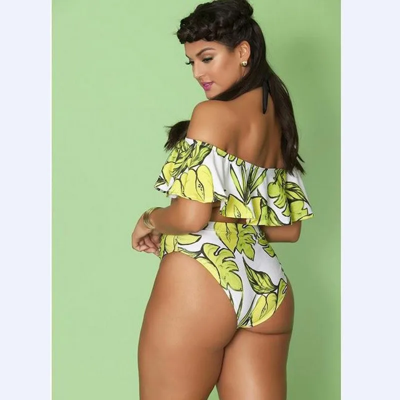 New Sexy Off The Shoulder Print costumi da bagno donna Plus Size costume da bagno femminile Ruffle Monokini Swim vita alta