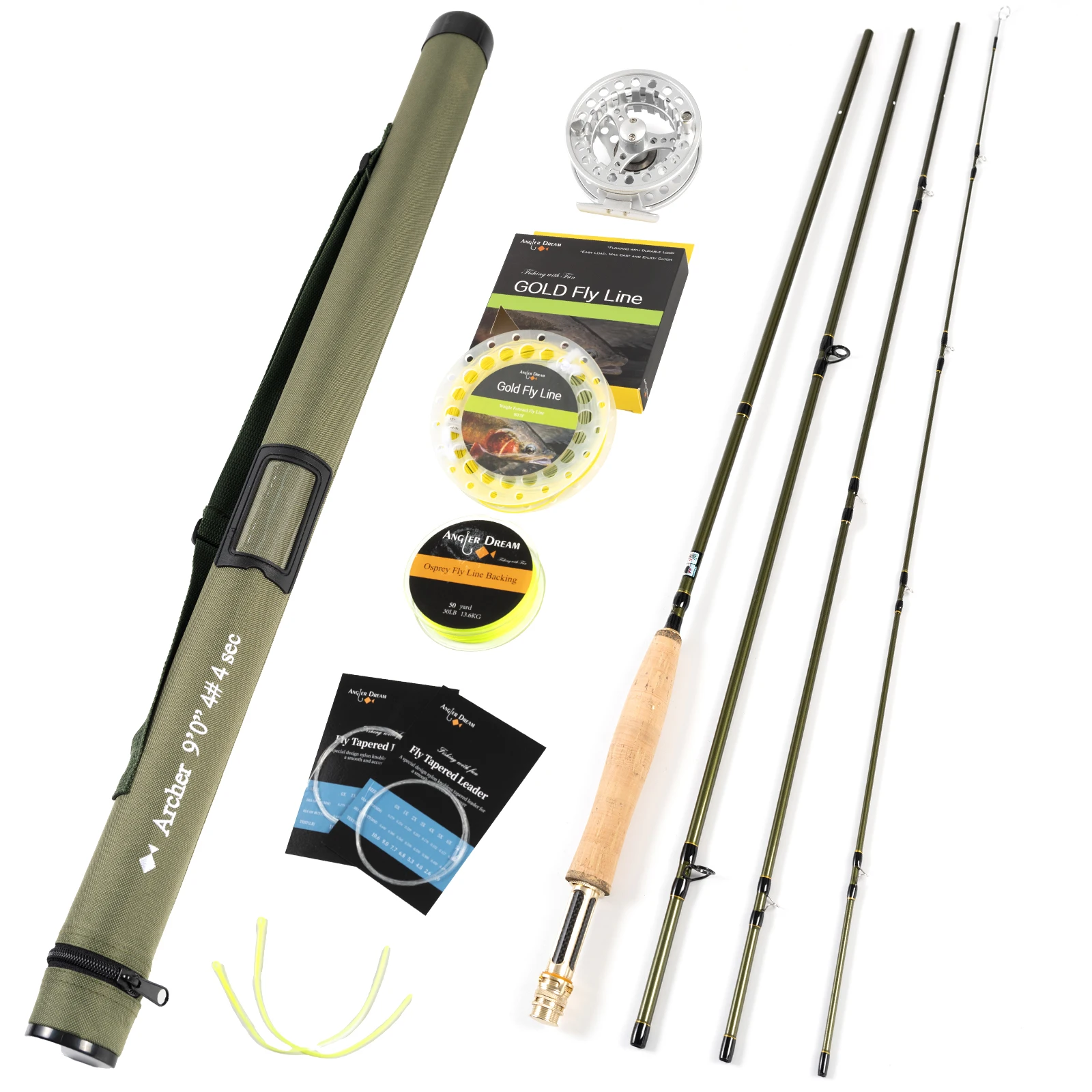 9FT 4WT 4Pieces Carbon Archer Fly Fishing Rod&3/4WT Black Reel Gold Line Combo Green Fly Rod Graphite 10 / 36T Carbon Fiber