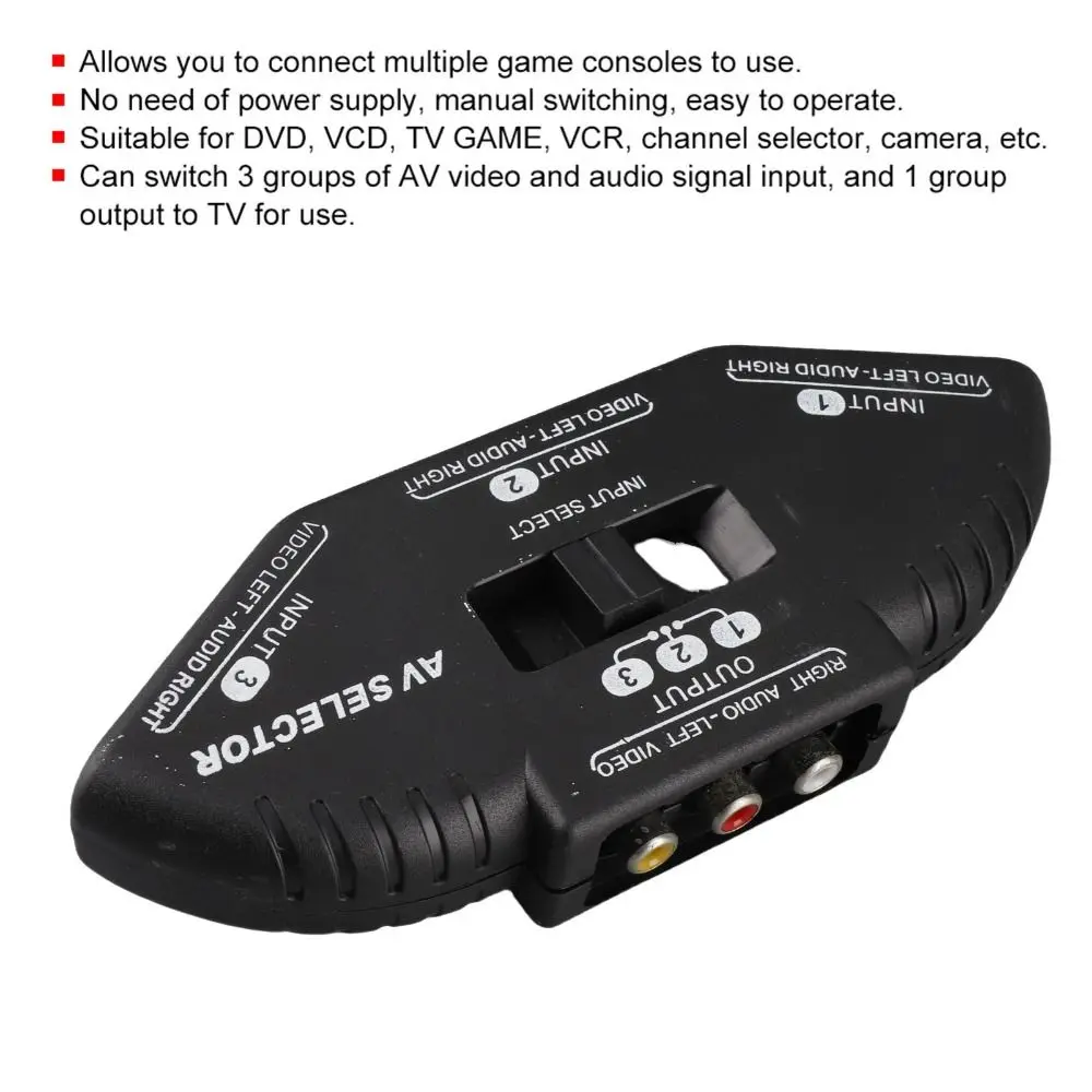 Durable 3 In 1 Out AV Switch With AV Cable Plug and Play RCA Splitter Audio Video Selector for DVD VCD VCR DVD Player