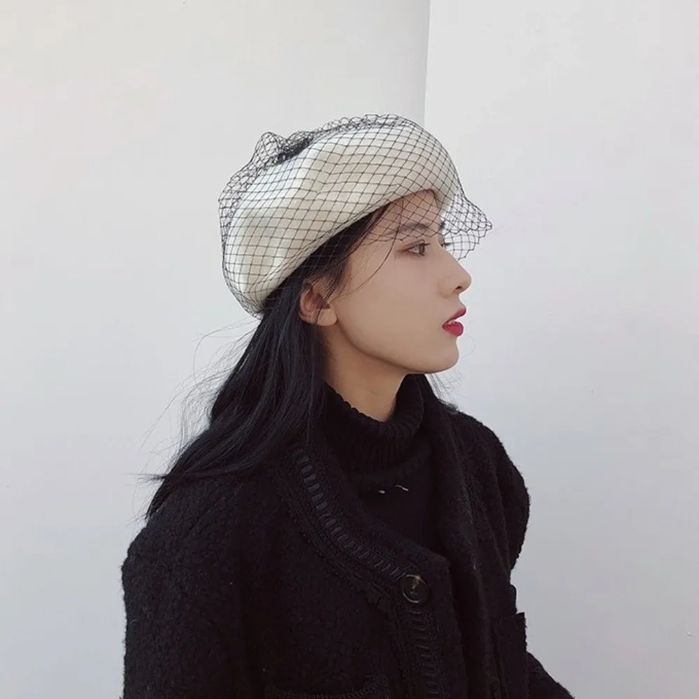 Fashion Net Mesh Wool Beret French Style Warm Painter Hat Newsboy Hat with Mesh Veil Beanie Cap Girl