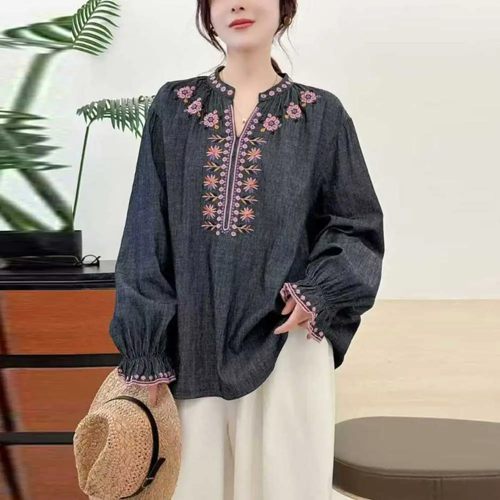 

Japanese Mori Girl Vintage Ethnic Style Floral Embroidery Denim Shirts Women Autumn V-Neck Long Sleeve Casual Loose Blouse Tops
