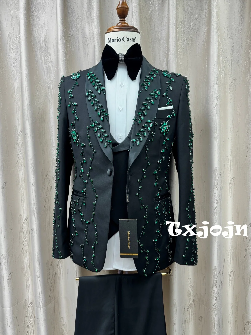Exquisite Green Crystal Men's Suits 3 Pieces Party Prom Wear Classic Chic Sheal Lapel Man Slim Fit Suit Set Wedding Groom Sets