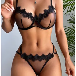 Women Lingerie Set Bra Thongs Underwire Two Piece Bowknot Transparent Mesh Lace Steel Ring Lingerie Underwear Erotic Sexy Bras