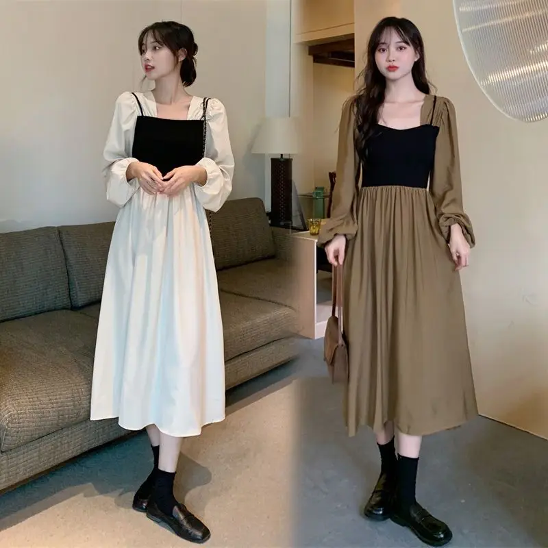 ファッショナブルなプラスサイズ秋冬レディースドレススクエアカラー半袖痩身 A ラインスカートミディドレス韓国スタイル