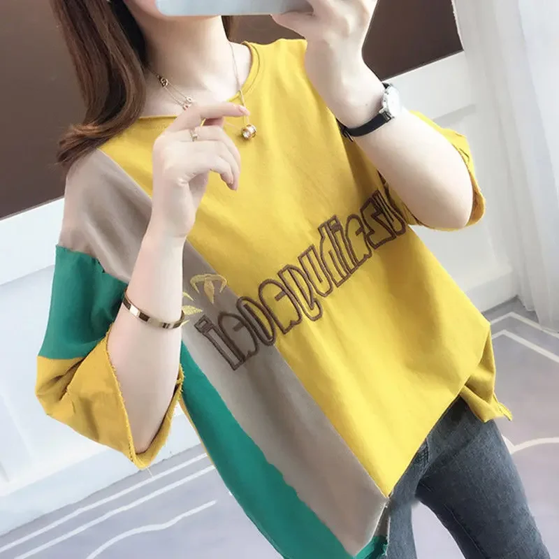 

Women's T-shirt Short Sleeve Top Female Embroidery Spliced Cotton Red Sale Korean Fashion 2024 High Quality Style Pulovers Basic