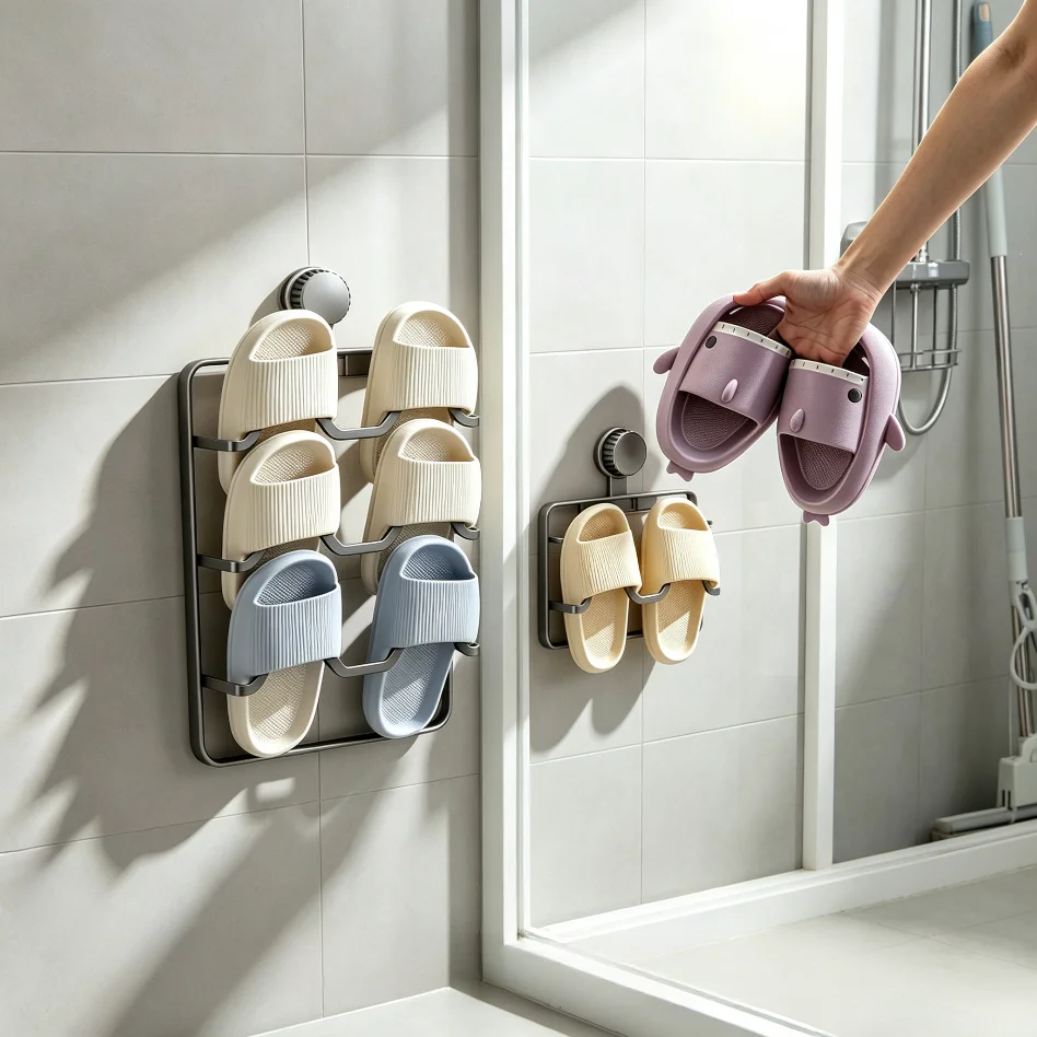 Punch-Free Wall Mount Slipper Organizer, Carbon Steel Suction Cup Slipper Rack, 2/3/4 Tier Space Saving Behind Door Bathroom Sho