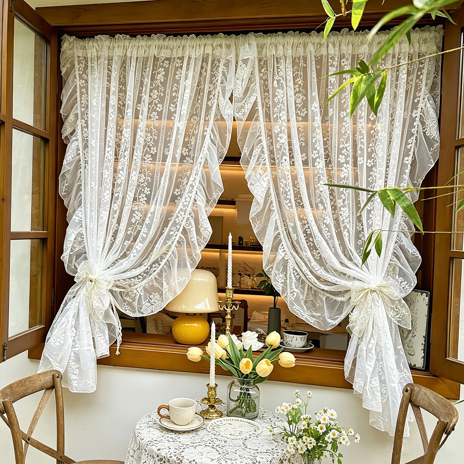 

1PC Romantic Lace Floral Ruffled Sheer Curtain for Living Room, Bedroom, Balcony, Cafe Home Decoration Window Drape