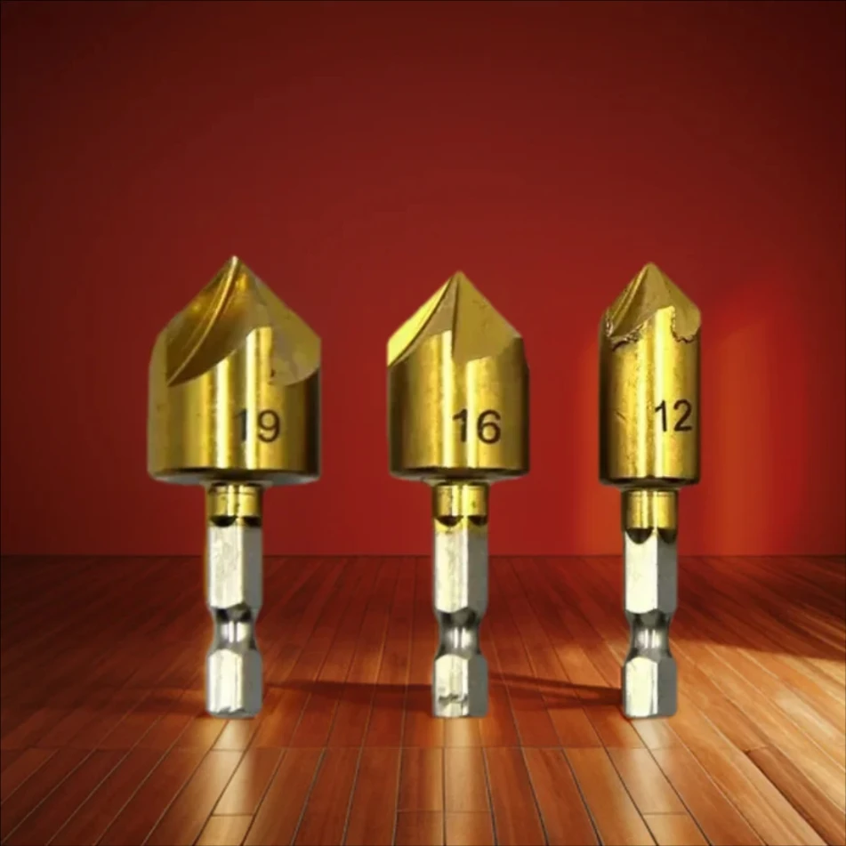 6PC Hexagonal Handle Titanium Plated Five Edge Chamfering Knife Countersunk Drill 6-19mm Woodworking Spot Facer Tool Set