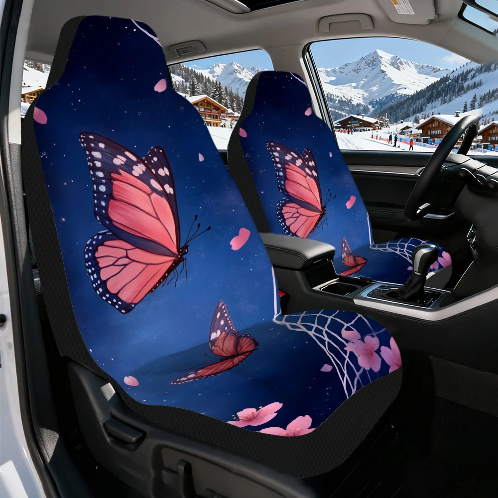 2pcs Cherry Blossoms & Butterflies Print Car Seat Covers Set - Soft Polyester, Fits Most Cars, All-Season Use, Easy Installation