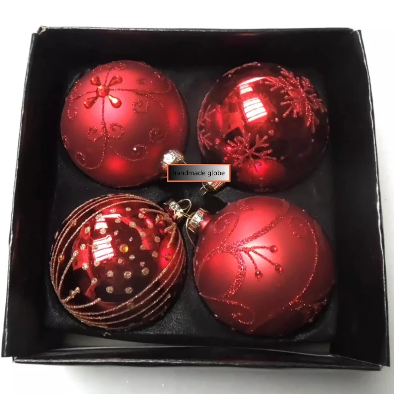 Handmade Red Glass Ball Four Different Design Christmas Day Tree Hanging Globe Pendant Free Shipping 8pcs/pack Diameter=8cm