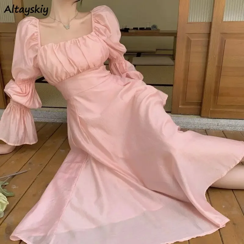 Vintage Dresses for Women Puff Sleeve Solid Chic Girls Summer Vestidos Party Design Casual Loose New Ladies Square Collar Niche