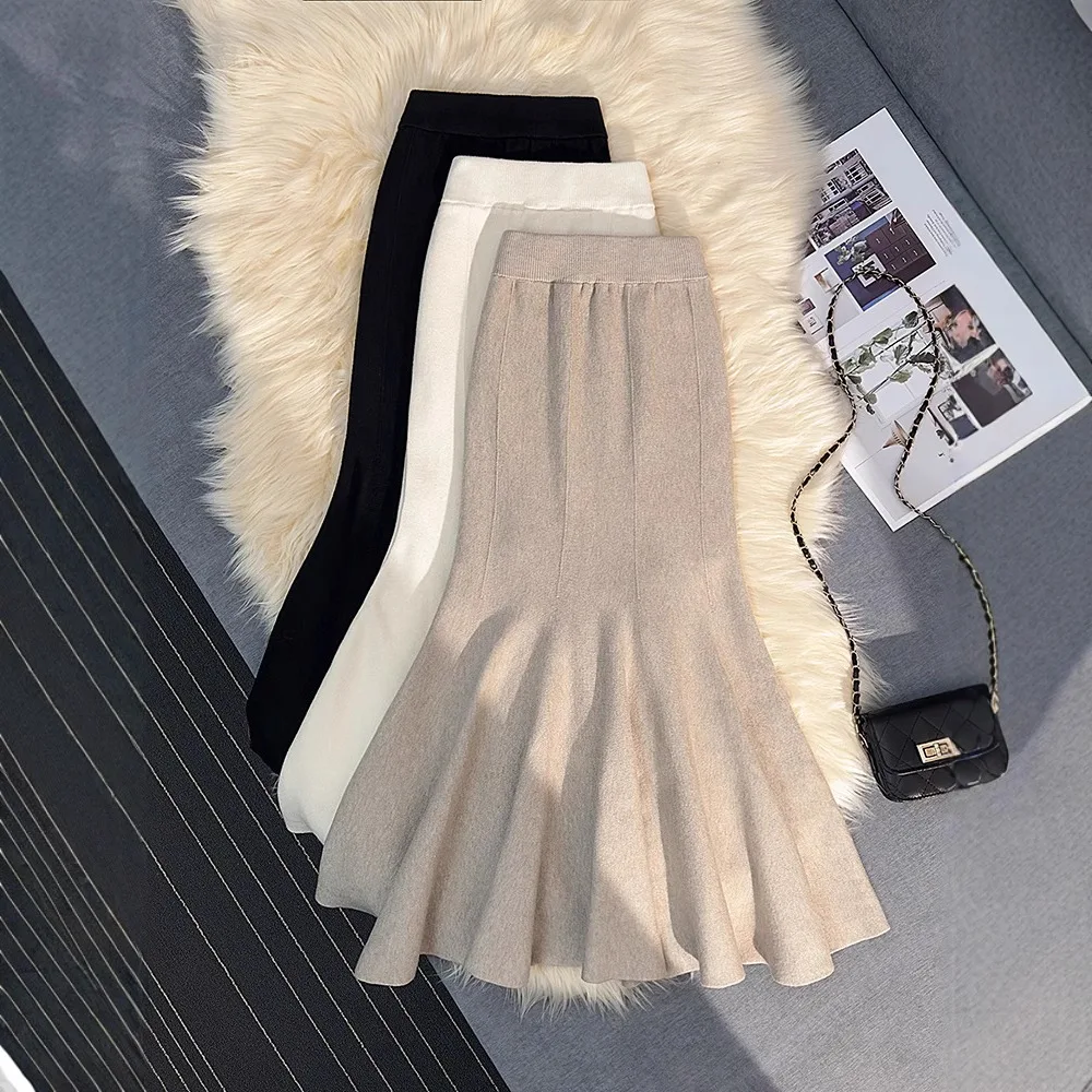 2026 New Fall Winter Women White Knit Mermaid Skirt Bodycon Long Half Skirt for Petite Ladies Elegant Slim Ankle Length Bottom