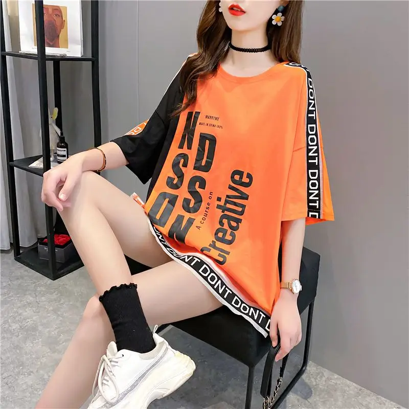 2024 Summer Korean Version Medium Length Round Neck Irregular Color Blocking Fashion Letter Print Loose Casual Oversize T-shirt