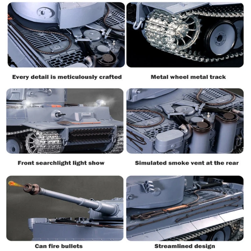 Tank 3818-1 1:16 Tiger I 금속 캐터필러 및 기어 및 인듀서 HengLong 리모컨 탱크, 손전등 사운드 시뮬레이터 포함, 2.4G