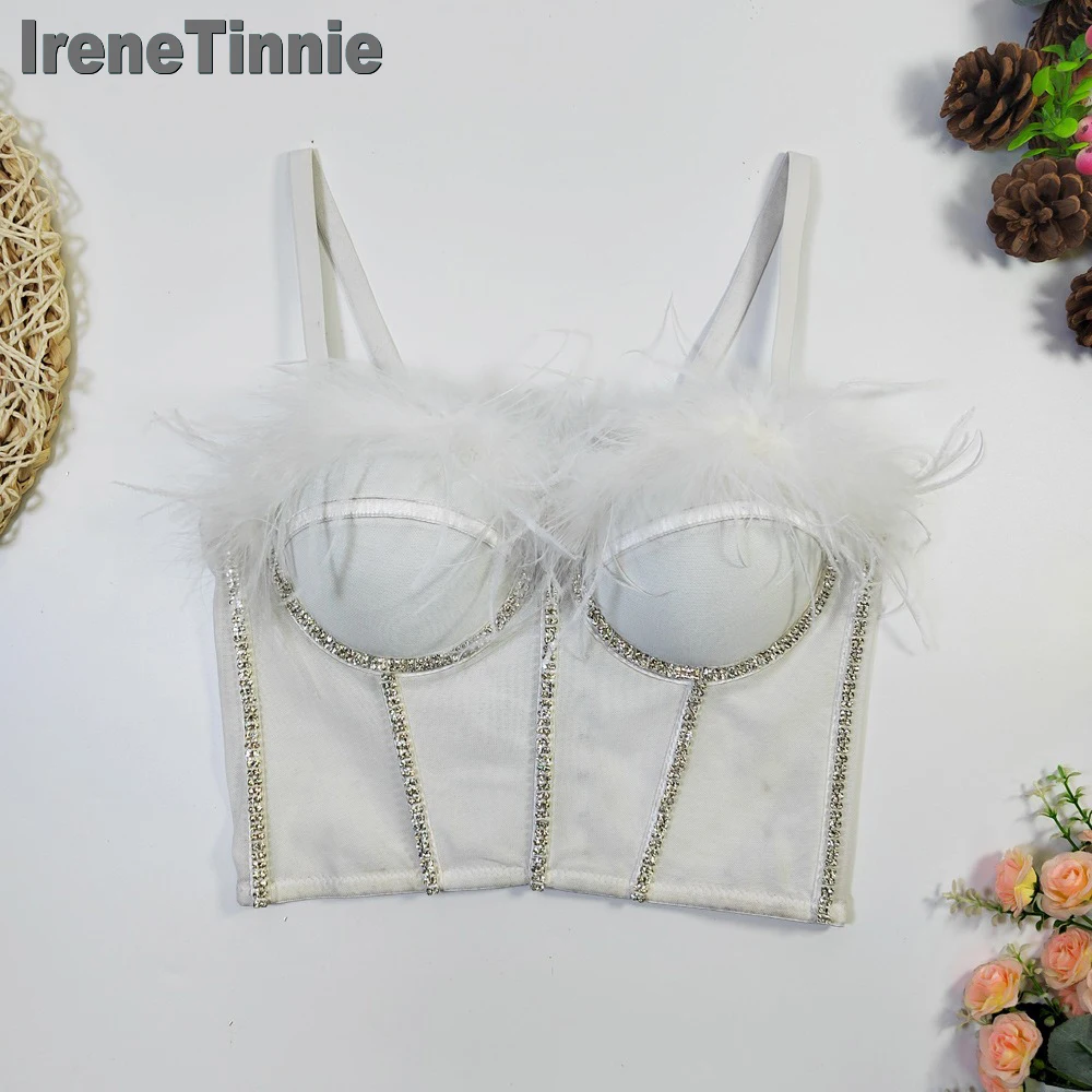 

IRENE TINNIE Female Party Sleeveless Vest Feather Crop Top Built In Bra Fashion Night Out Corset Individuality Bustier Clothing