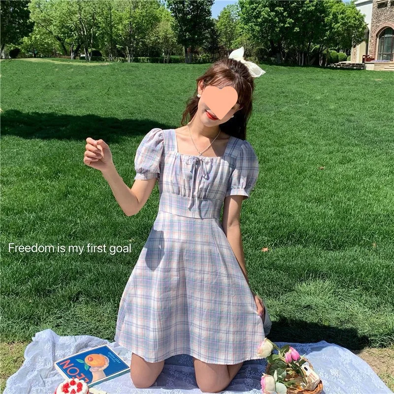 Women Vintage Gothic Lolita Lace Ruffled Plaid Dress Slim Chinese Cheongsam Short Sleeve Dress Sweet Preppy Dresses Summer 2024