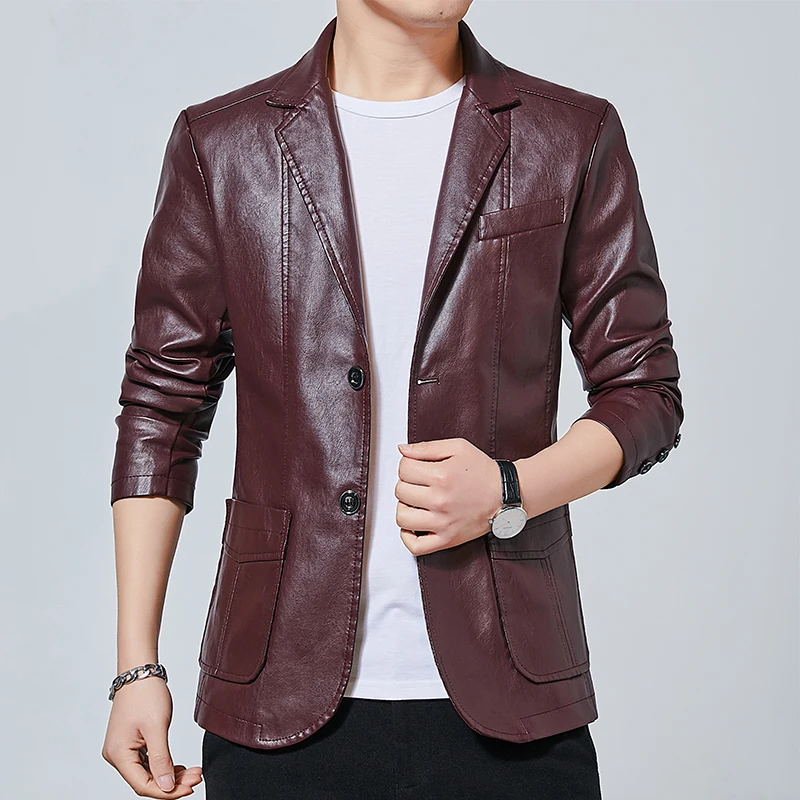 2023 Fashion New Men\'s Casual Boutique Suit Leather Jacket / Male Solid Color Business Collar PU Blazers Long Sleeve Dress Coat