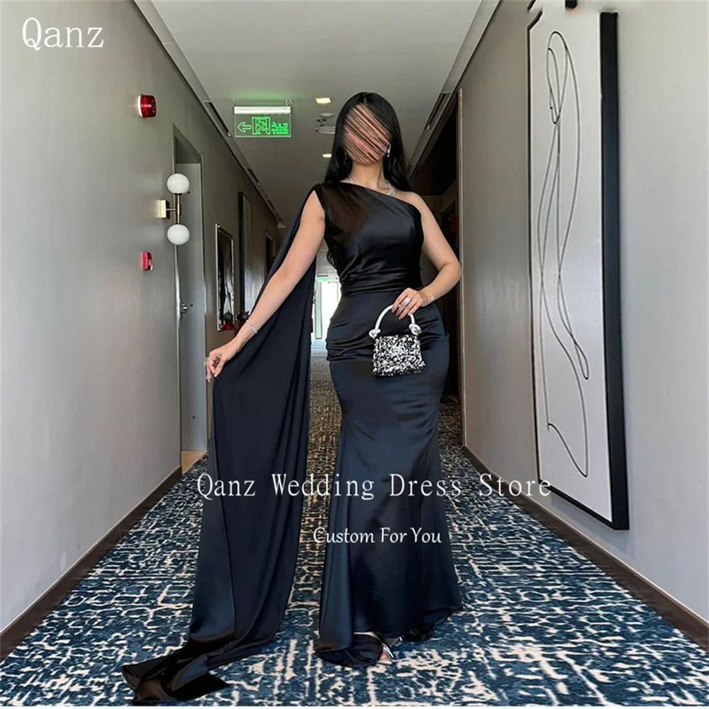 

Qanz Arabia Black Satin Evening Dresses One Shoulder Mermaid Dubai Party Dresses Vestido De Gala Noche Mujer 2025 Customized