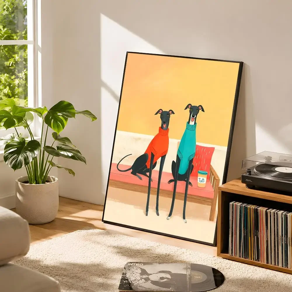 Cute Dog Coffee Modern Whimsical Animal Greyhound Print Colorful Poster Matte Wall Art Removable Home Room Decoration
