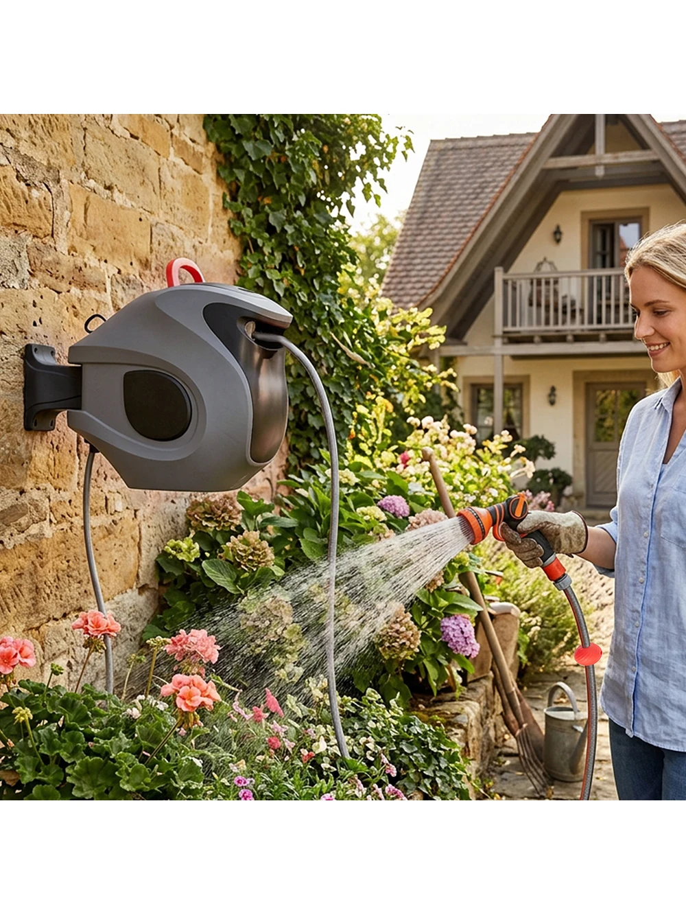 51×42cm Wandmontierter, einziehbarer 30m Gartenschlauchaufroller, langsames Einziehen mit 180°-Drehung °   Schwenkbare Halterung, perfekt für Gartenbewässerung, Autowäsche und Terrassenreinigung