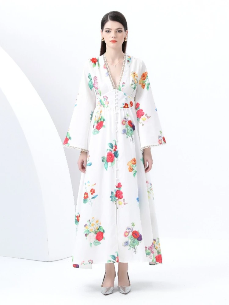 Early Spring New Retro Women's Deep V-neck Flared Sleeves with Wavy Edges and Wide Swing Colorful Printed Long Dress