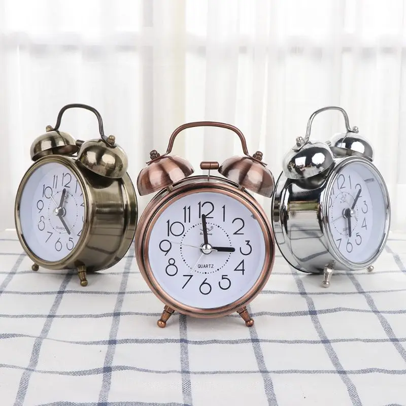Reloj despertador mecánico escritorio Retro, luz doble campana, mesita noche, Metal silencioso