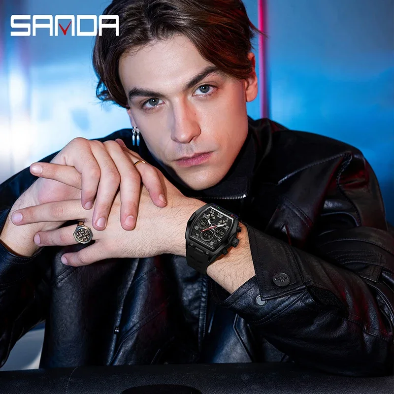 SANDA جديد 6266 رجل الموضة الساعات الإلكترونية الرياضية متعددة الوظائف إضاءة مقاومة للماء ضوء الليل الرقمية الكوارتز ساعة يد رجالي