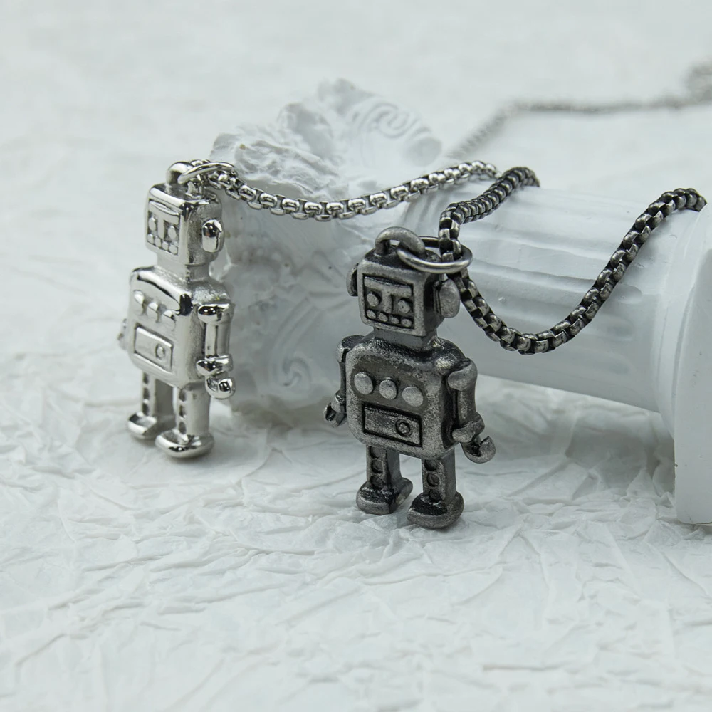 Stainless Steel Vintage Robot Pendant Necklace Punk Rock Children Kids Funny Robot Gift Jewelry For Him