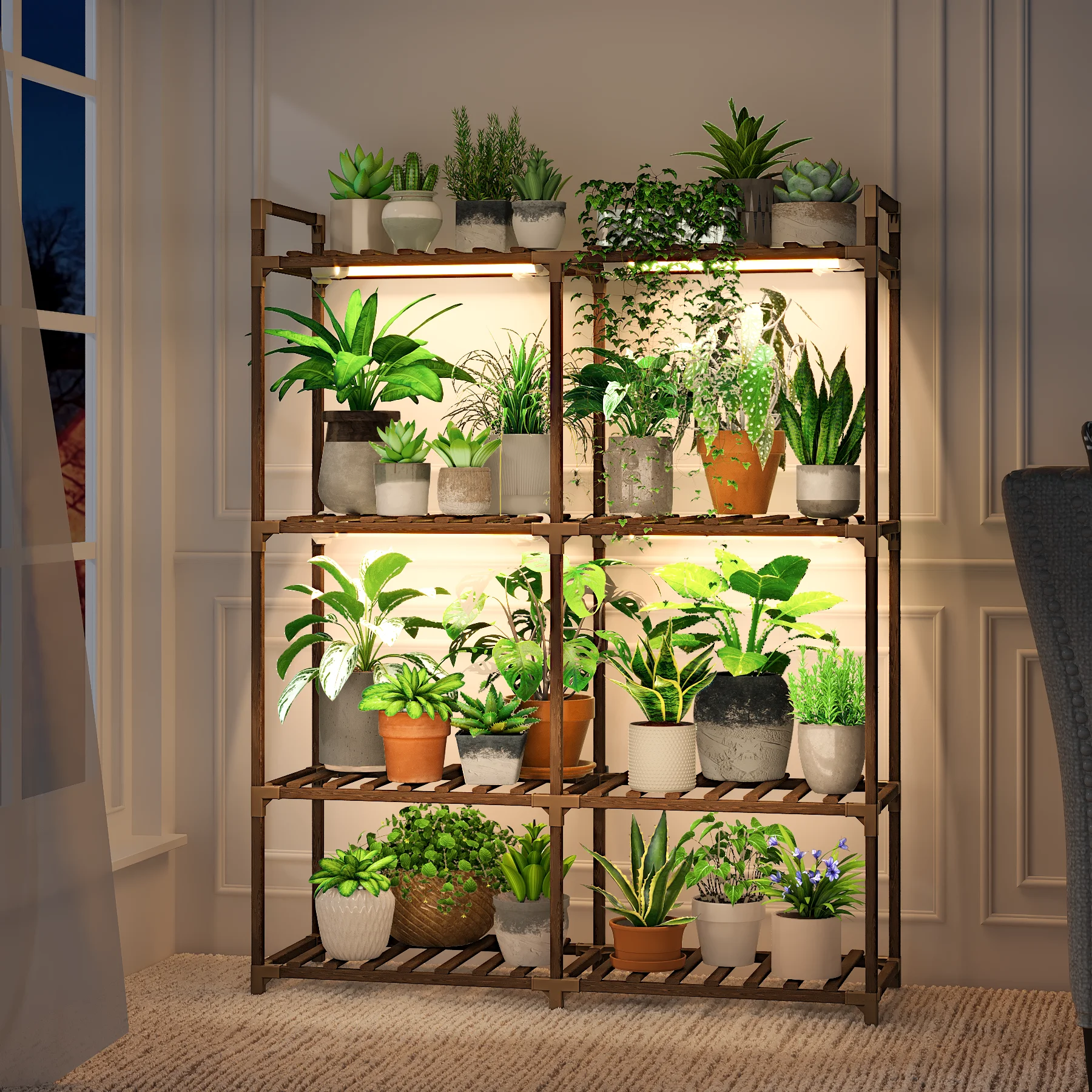 

Bamworld Large Plant Stand with Grow Lights for Indoor Plants 4 Tier Wood Plant Shelf Flower Stand for Patio Living Room Balcony