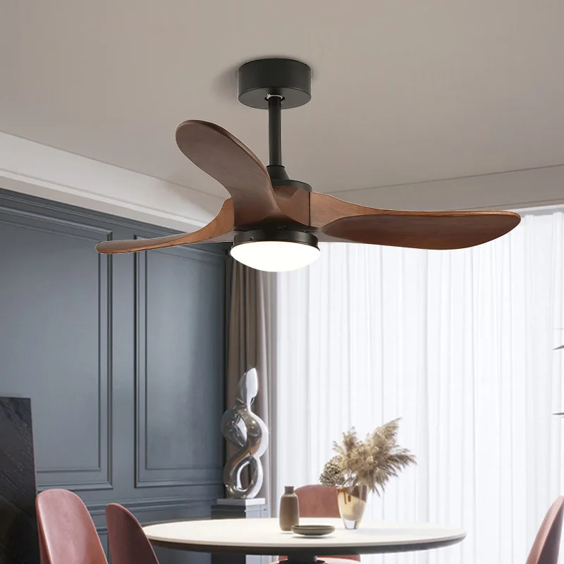 Room Fan Light Intelligent Frequency Conversion Solid Wood Living Room Electric Fan Light Bedroom Ceiling Fan Light