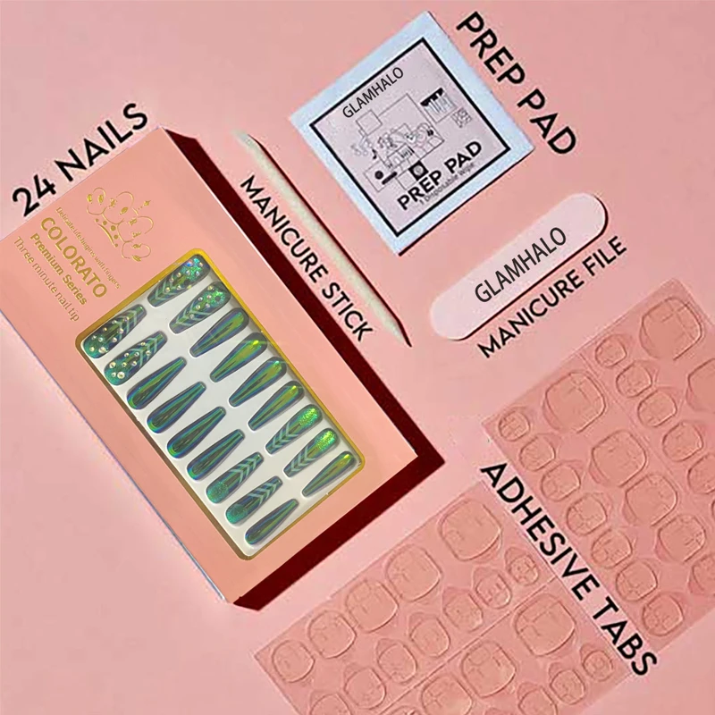 

A box of 24 Greenfield Luxury Full-Diamond Nail Tips: Shimmering Mirror Finish with Striped Accents