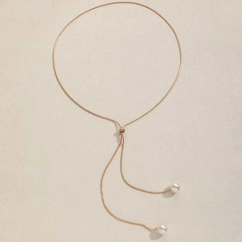 Fashion Silver Color Long Tassel Pull Pearl Pendant Necklaces for Women Simple Adjustable Clavicle Chain Choker Jewelry Gift image 6