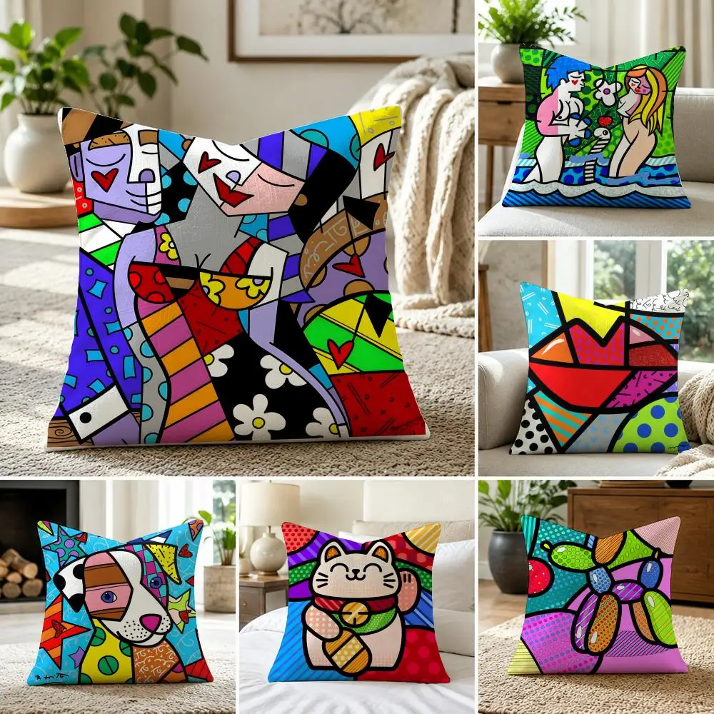 Capa de Almofada Art Britto Happy Art Romero Britto em Linho, lavável e macia. Perfeito para sofás, camas e decoração de casa.
