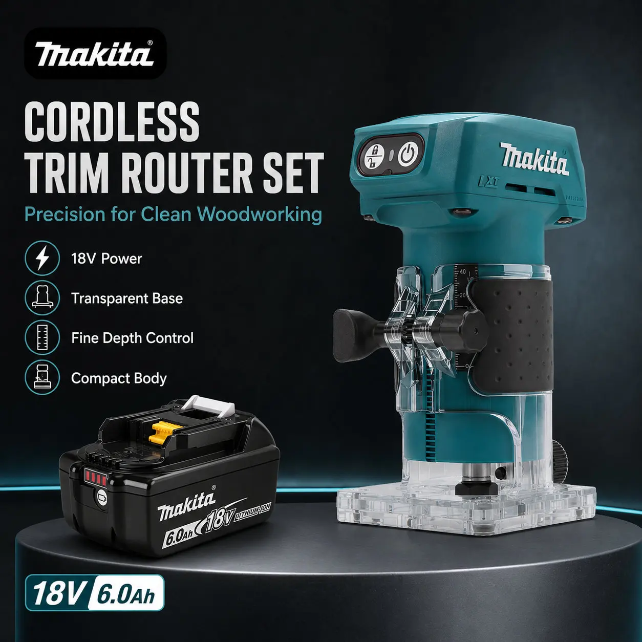 Makita DRT52 18V LXT wiederaufladbarer kompakter Akku-Router, optimiert für Tischlerei und dekorative Holzarbeiten, liefert konstante Schnittleistung für Zapfenfräsen, Kantenfasefräsen, Musterfräsen