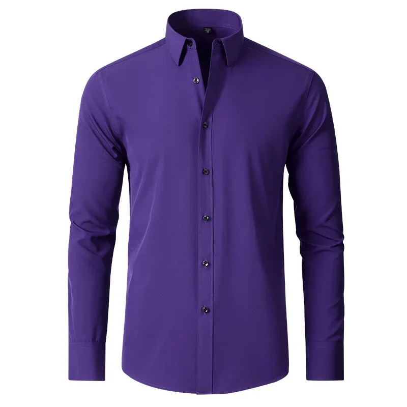 Camisa elástica de seda gelo masculina de quatro lados, manga comprida, sem engomar, slim fit, cor sólida, roupas de outono