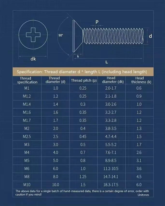 M1 ~ M3 304 Stainless Steel Phillips Flat Head Bolts Cross Countersunk Head Screws Length 3~80 mm
