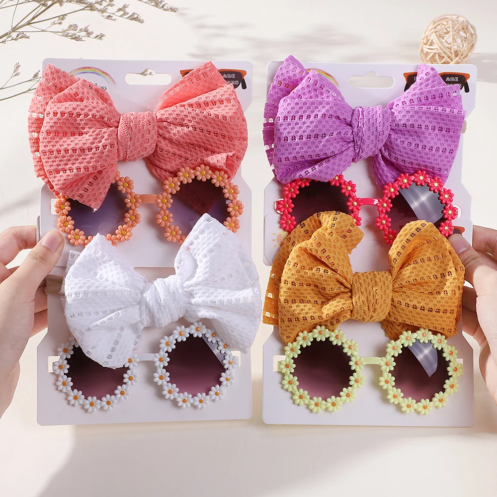 2Pcs/Set Fashion Card Daisy Baby Sunglasses Eyelet Bow Headband Set Elastic Nylon Hair Bands Seaside Sun Glasses Kids Headwear