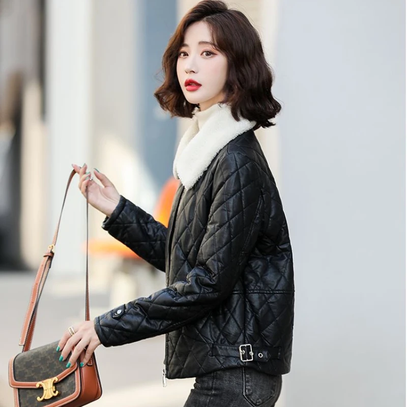 2023 Autumn Winter New Short Cotton Padded PU Leather Jacket Women Fashion Slim Large Size Outwear Temperament Casual Jacket