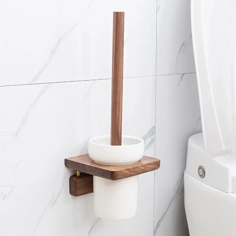 Black Walnut Solid Wood Toilet Brush with Ceramic Cup Dead-Angle-Free Wall-Mounted Bathroom Toilet Cleaning Brush Set