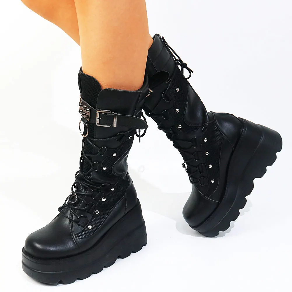 Big Size 35-43 Brand Design Ladies High Platform Boots Fashion Rivet Goth High Heels Boots Women Cosplay Wedges Punk Shoes Woman