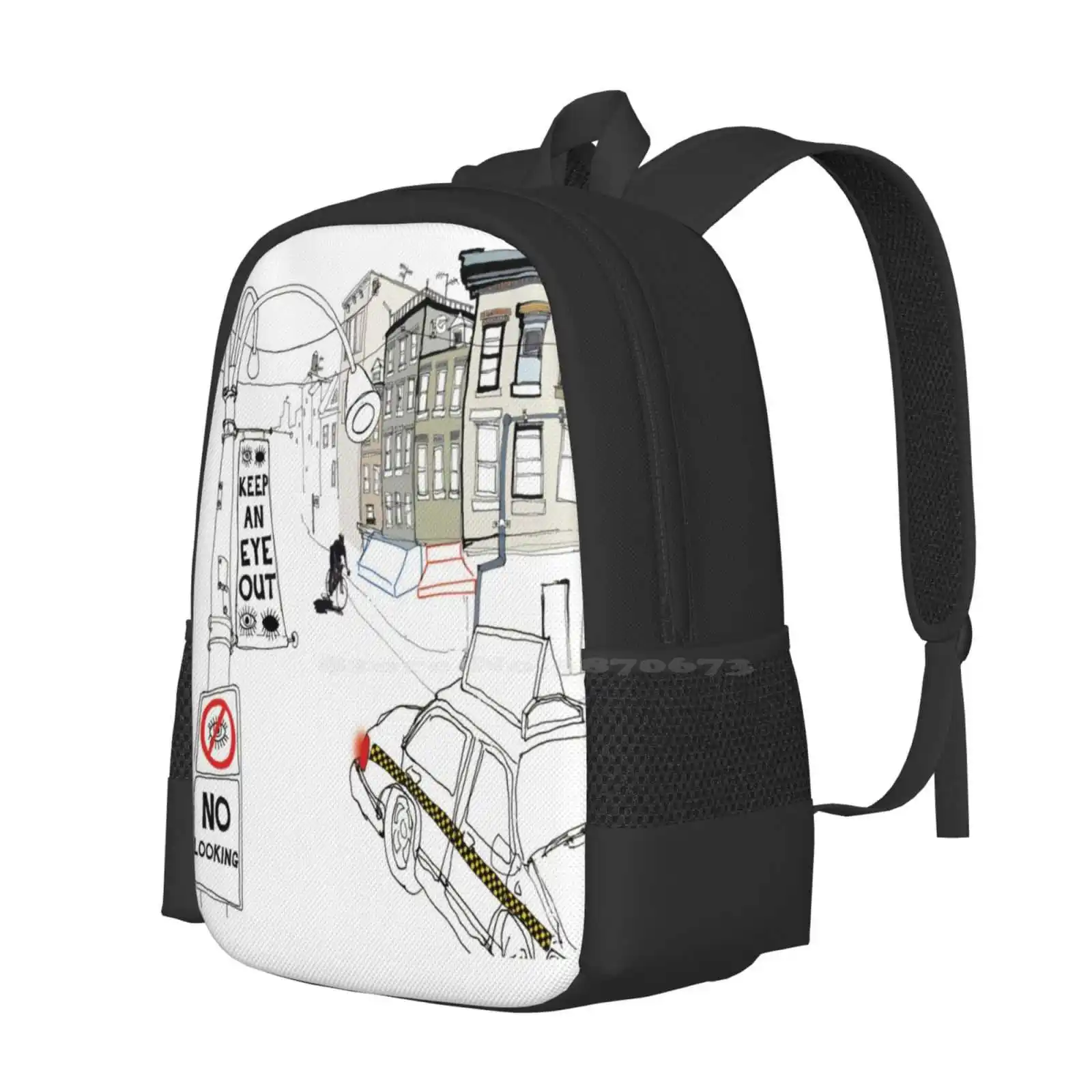 Keep An Eye Out Pattern Design Bag Student'S Backpack New York Taxi Bike Crash Eye