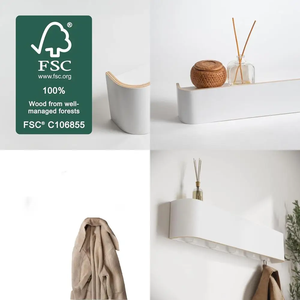 

Modern Wall-Mounted Coat Rack with Hidden Hooks - Solid Wood Veneer Panel in White