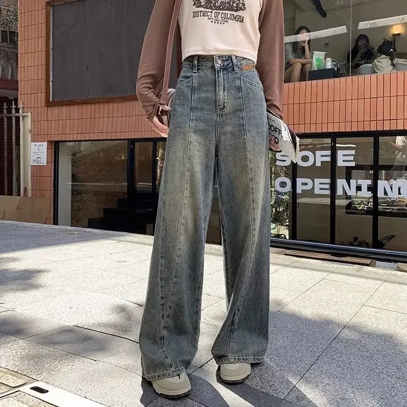 

American High Street Cover Pants Retro Wide-leg High-waisted Jeans for Women in Autumn Vintage Clothing Women's Denim Pants Traf