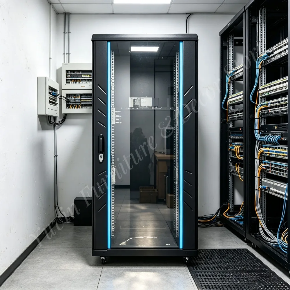 32U 19-inch Data Center Server Network Cabinet Tempered Glass IP20 Protection 600*600mm Thickened Cold-Rolled Steel Plate Black