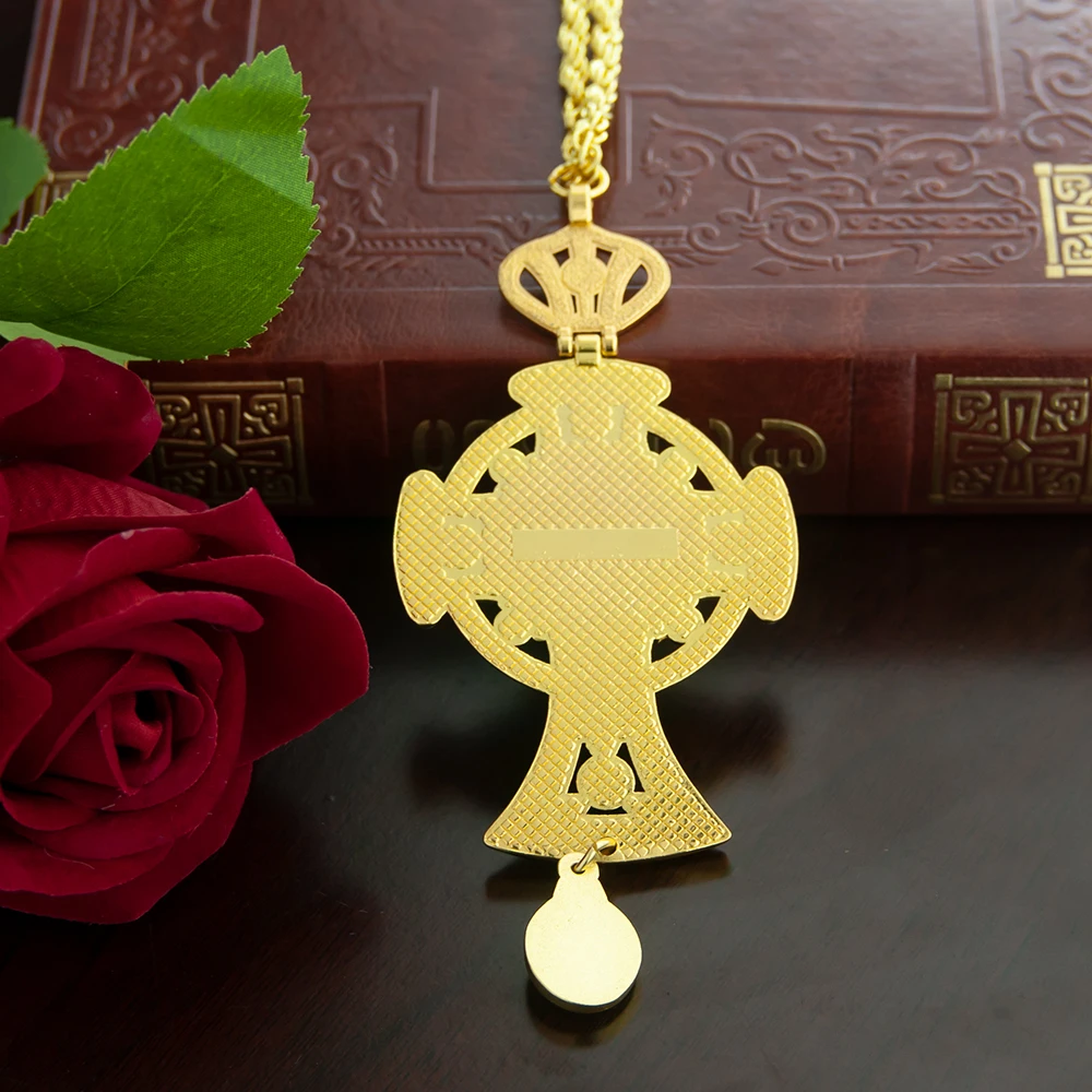 Gold Plated Orthodox Pectoral Cross Necklace with Crown, Blue/Red Gemstones & Jesus Icon for Christian Clergy Liturgical Wear view 4