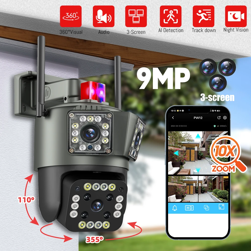 9MP 3Lensens Outdoor Camera 10X Zoom Wireless Security Surveillance Camera AI Human Tracking Audio HD Night Color Camera