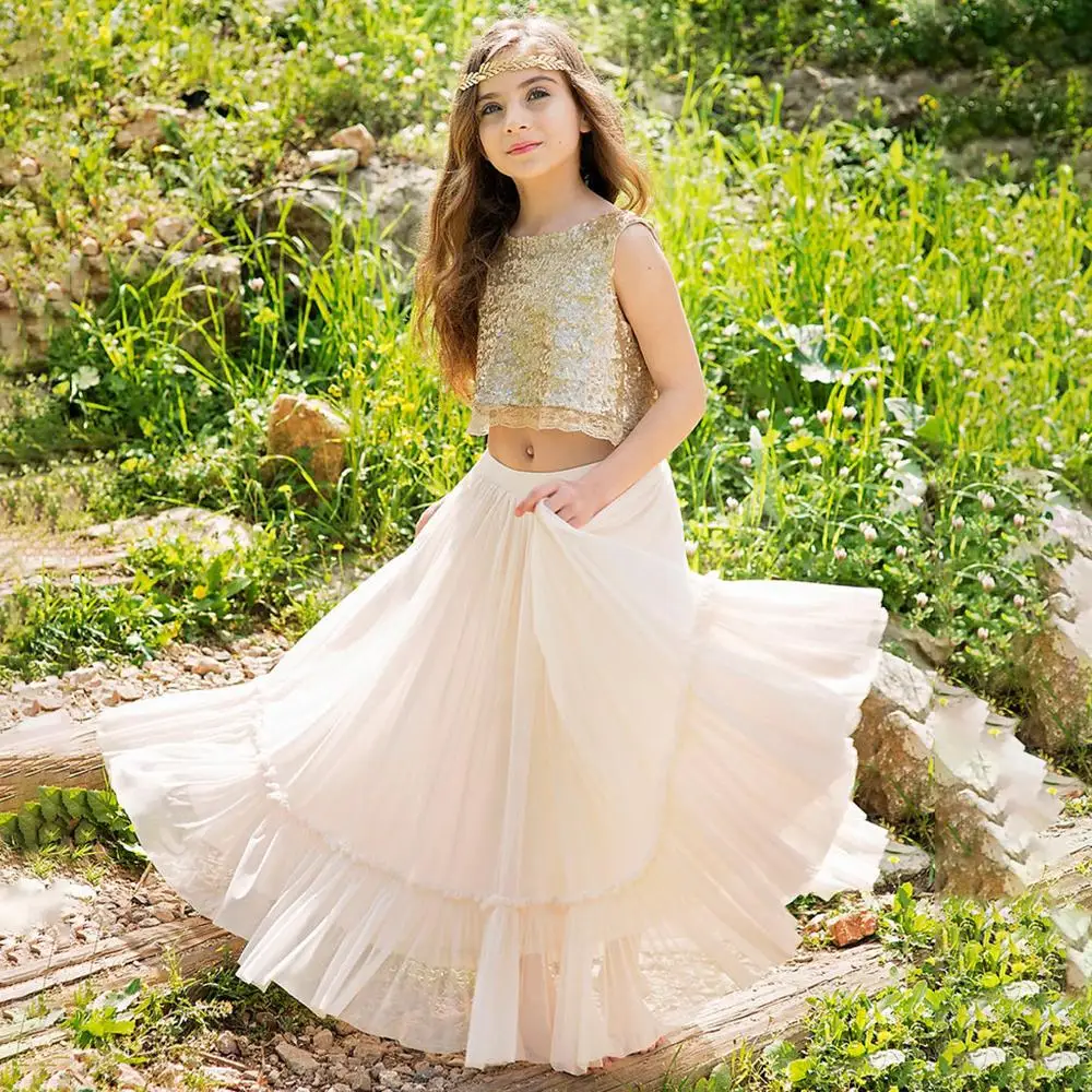 EVLAST due pezzi Boho Flower Girls Dress For wedding abito da spettacolo con paillettes in Tulle a strati Junior abito da prima comunione TFD049